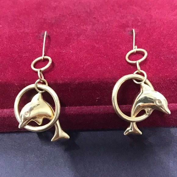 Gold 14k Dolphin jumping through Hoop Drop Earrings Rare vintage ret $850 - Picture 1 of 12
